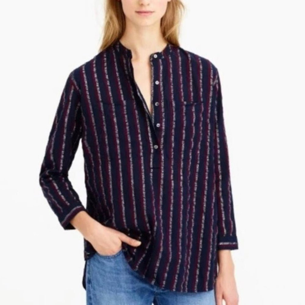 J Crew Women's Metallic Stripe Popover Blouse Button Front Shirt Top Blue Size 2